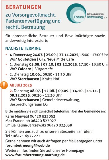 BERATUNGEN zu Vorsorgevollmacht,
Patientenverfügung und rechtliche Betreuung