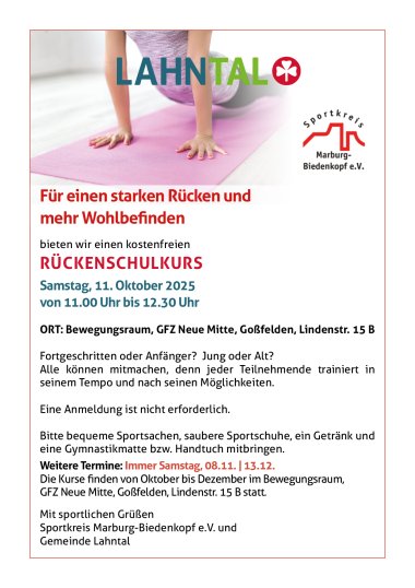 Kostenloser Rückenschulkurs im Oktober Kostenloser Rückenschulkurs im Oktober