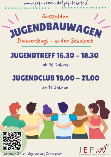 Info zum Jugendtreff am Bauwagen in Goßfelden, QR-Code und Kontakt